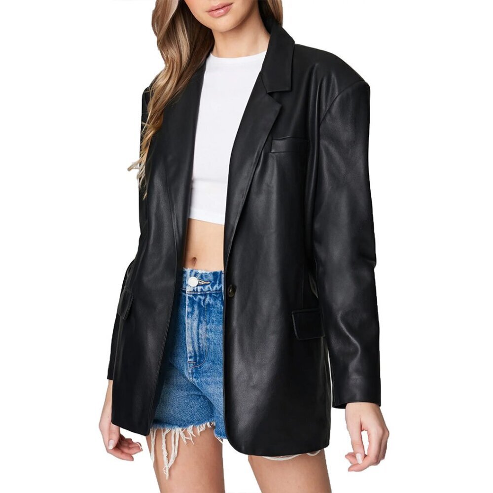 NWT$98 BLANK NYC Black Faux Vegan Leather Oversized Relaxed Fit Blazer Jacket XS